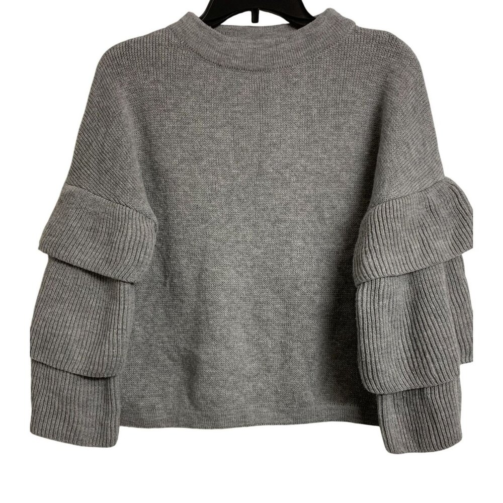 Poof‎ L Knit Minimalist Cropped Casual Sweater Bell Sleeve Gray